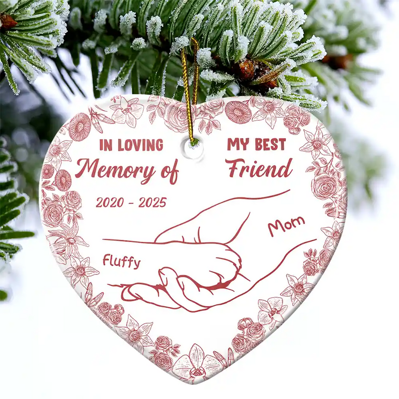 Sad,Christmas,Pet Lovers,Memorial - Forever Loved Hand In Paw Toile Style - Personalized Heart Ceramic Ornament