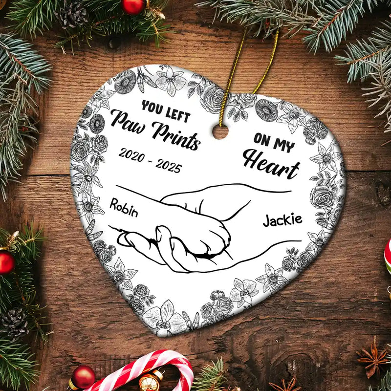 Sad,Christmas,Pet Lovers,Memorial - Forever Loved Hand In Paw Toile Style - Personalized Heart Ceramic Ornament