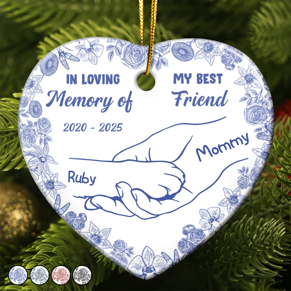 Forever Loved Hand In Paw Toile Style - Personalized Heart Ceramic Ornament