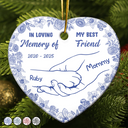 Sad,Christmas,Pet Lovers,Memorial - Forever Loved Hand In Paw Toile Style - Personalized Heart Ceramic Ornament