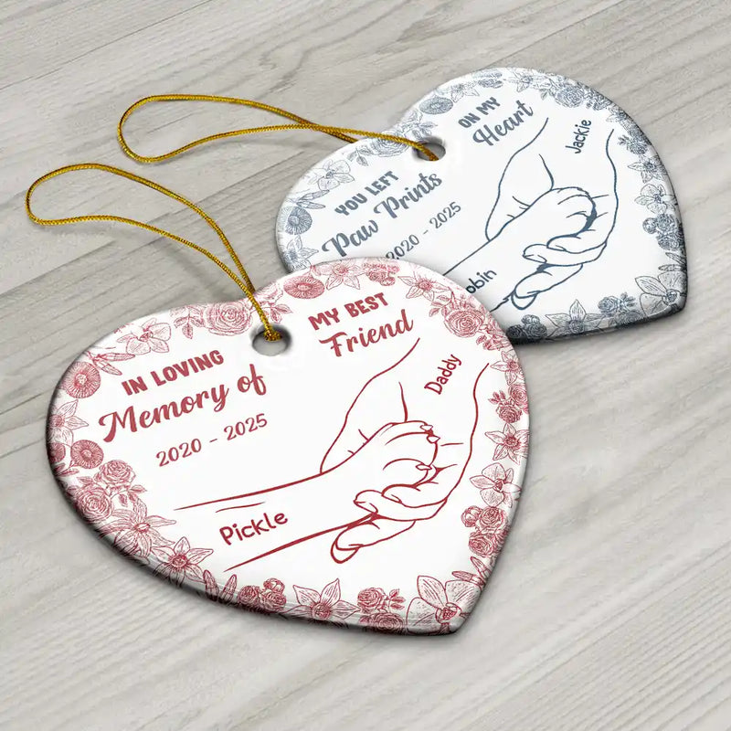 Sad,Christmas,Pet Lovers,Memorial - Forever Loved Hand In Paw Toile Style - Personalized Heart Ceramic Ornament