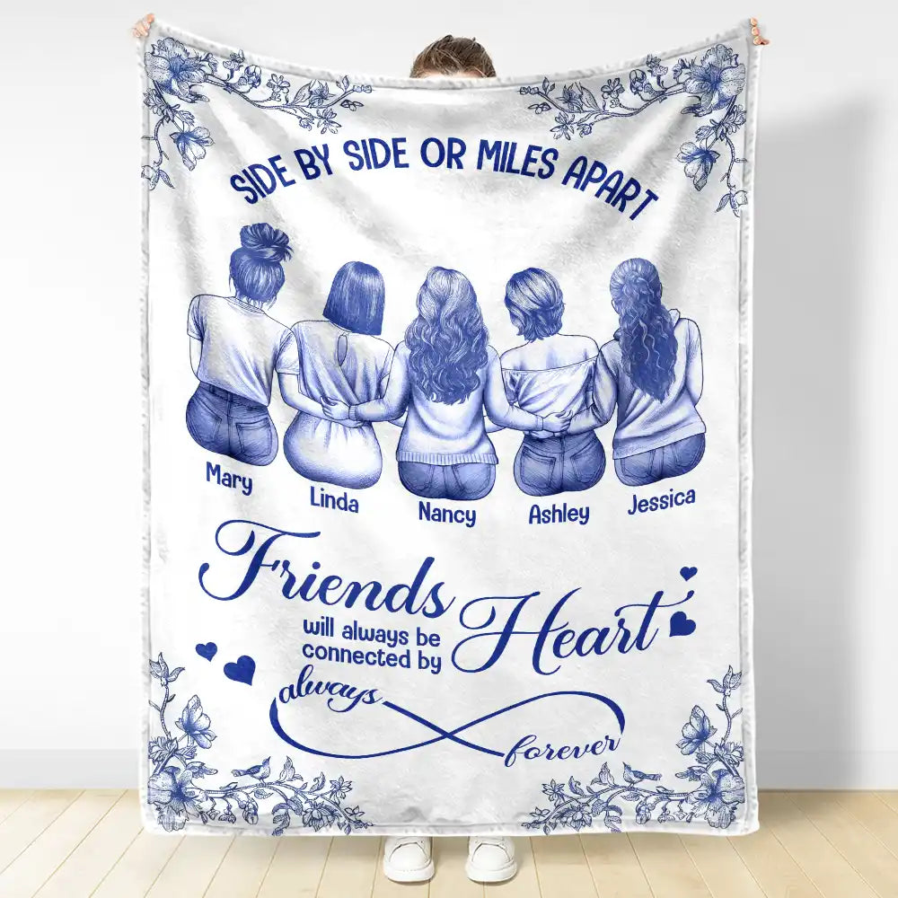 Gift For Bestie,Gift For Sisters,Gift For Women,Long Distance,Christmas,Happy - Friends Sisters Will Always Be Connected By Heart Chinoiserie Toile Besties - Personalized Fleece Blanket, Sherpa Blanket