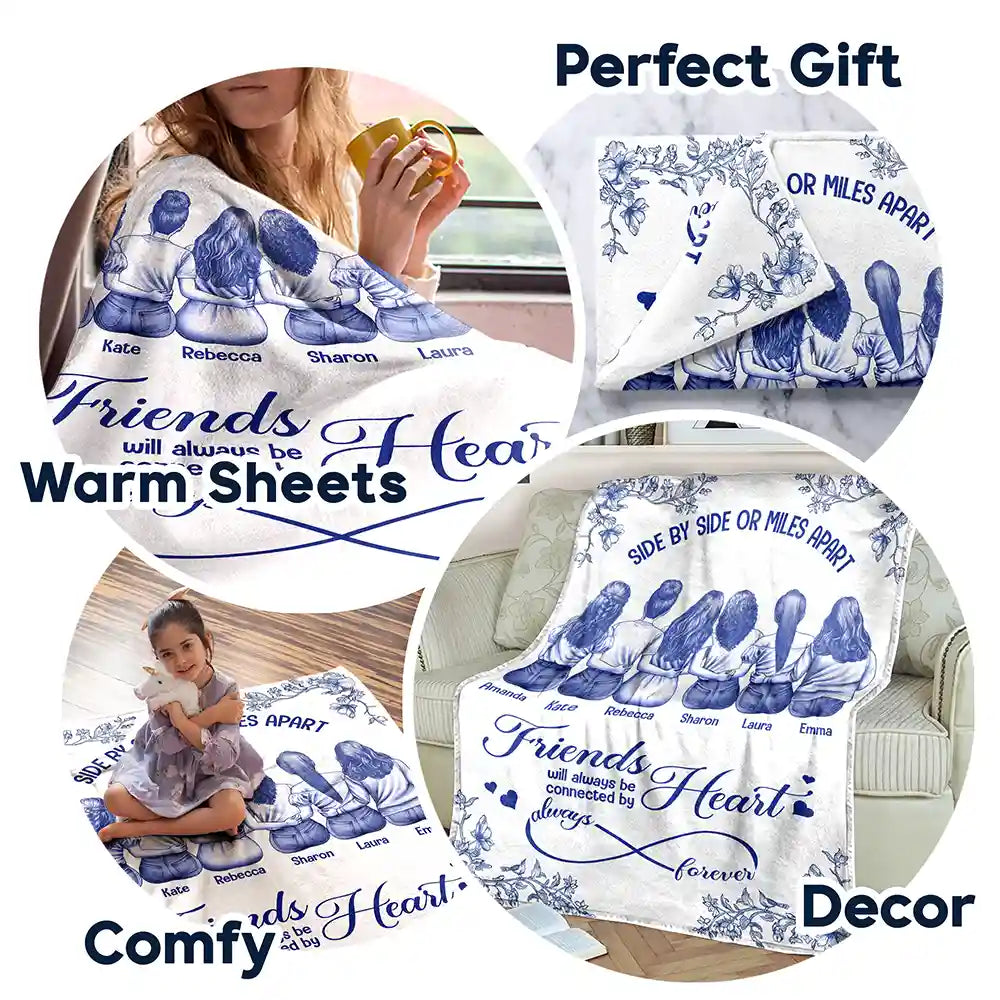 Gift For Bestie,Gift For Sisters,Gift For Women,Long Distance,Christmas,Happy - Friends Sisters Will Always Be Connected By Heart Chinoiserie Toile Besties - Personalized Fleece Blanket, Sherpa Blanket