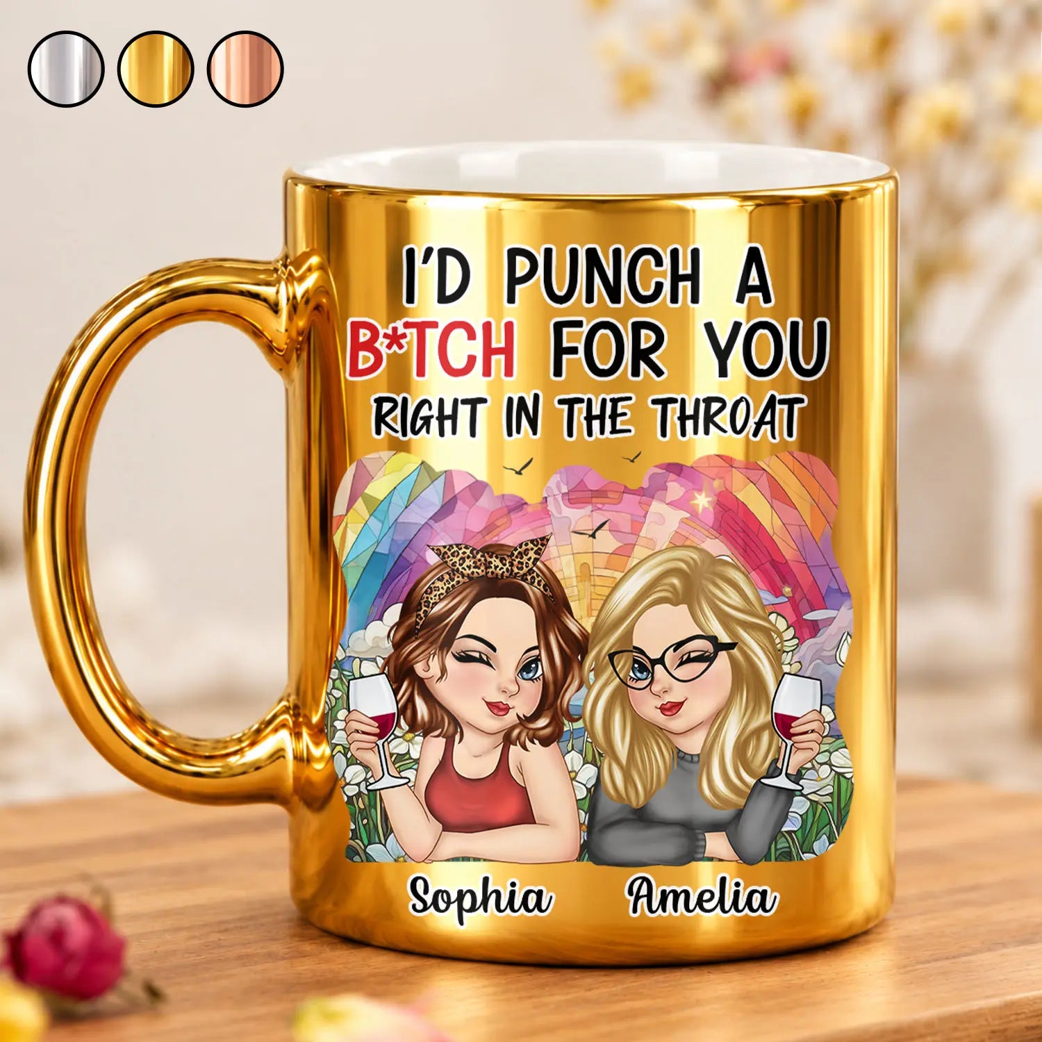 Afro Besties,Gift For Bestie,Humorous,Vector - Friendship Gift For Bestie, Best Friend - Personalized Punch For You Right In The Throat Metallic Mug