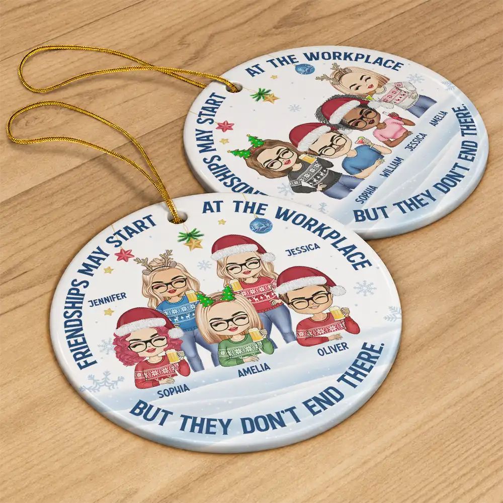 Friendships May Start At The Workplace Christmas Colleagues Chibi - Personalized Circle Ceramic Ornament
