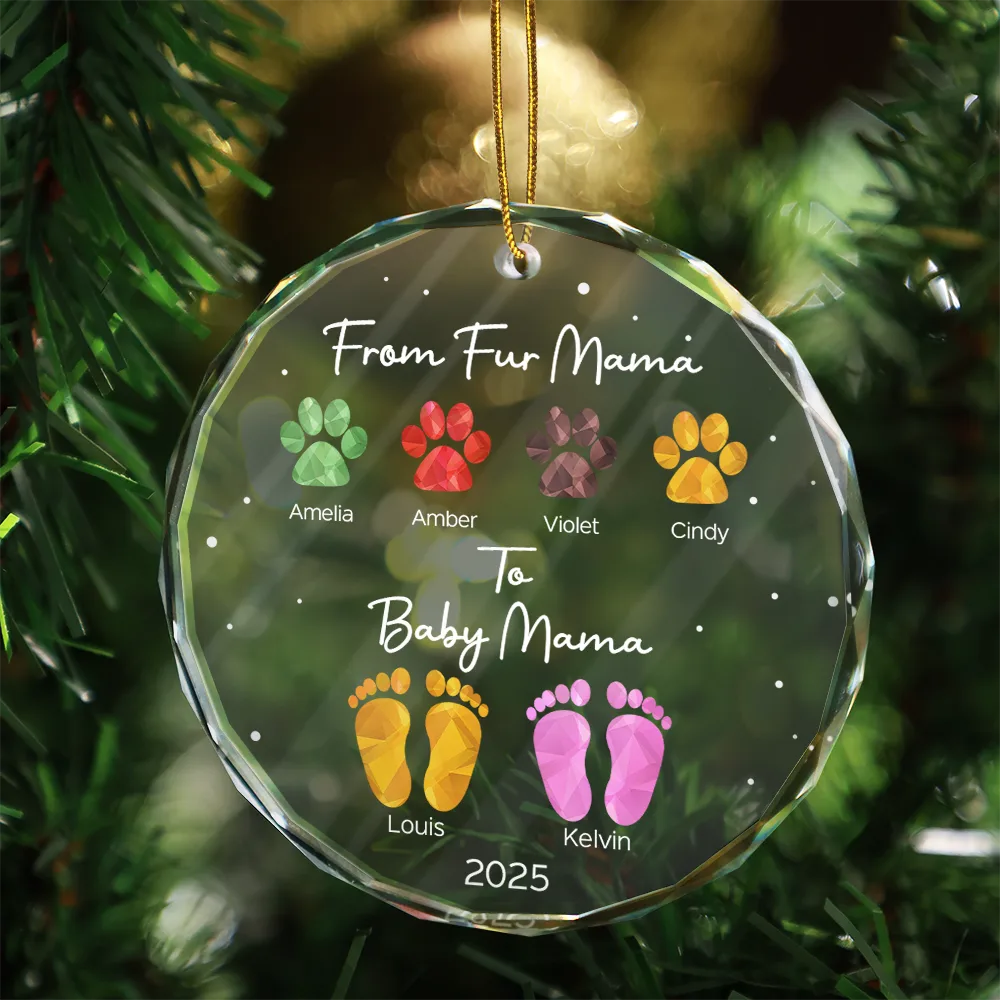 New baby,New Dad,New Mom,Pet Lovers,Pet Mom,Pet Dad,Pet Couple,Dog Lovers,Dog Mom,Dog Dad,Dog Couple,Cat Lovers,Cat Mom,Cat Dad,Cat Couple,Gift For Women,Gift For Men,Gift For Husband,Gift For Wife,Christmas,Happy - From Fur Mama To Baby Mama - Personalized Circle Glass Ornament