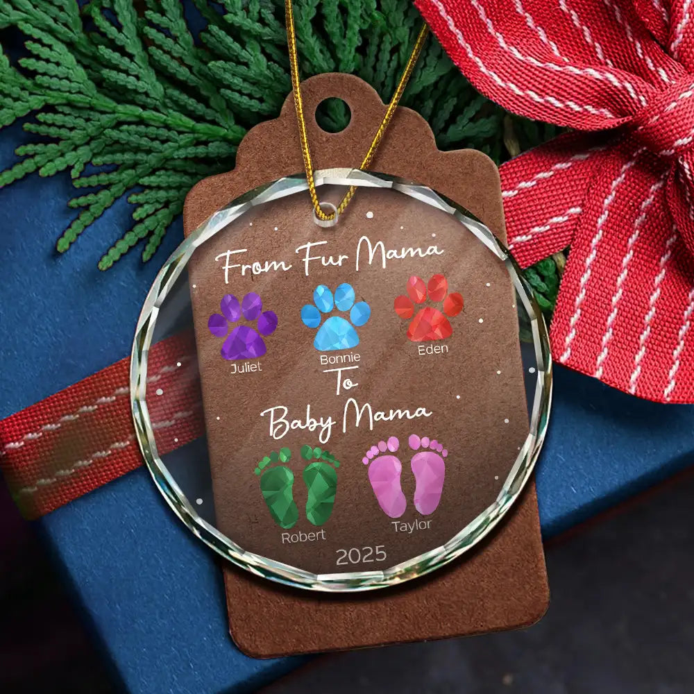 New baby,New Dad,New Mom,Pet Lovers,Pet Mom,Pet Dad,Pet Couple,Dog Lovers,Dog Mom,Dog Dad,Dog Couple,Cat Lovers,Cat Mom,Cat Dad,Cat Couple,Gift For Women,Gift For Men,Gift For Husband,Gift For Wife,Christmas,Happy - From Fur Mama To Baby Mama - Personalized Circle Glass Ornament