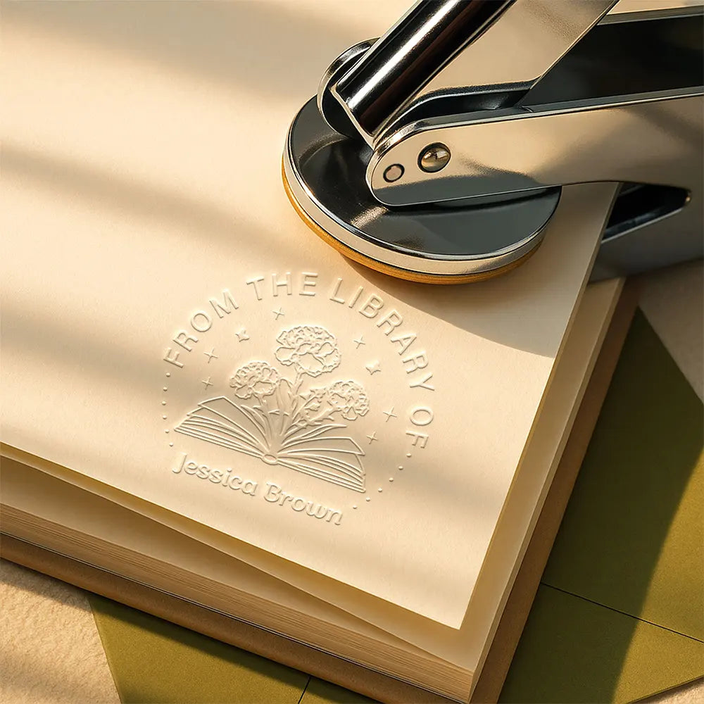 From The Library Of Book Lover Birth Flower - Personalized Embosser Stamp