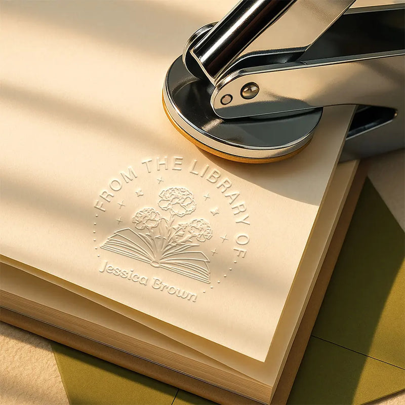 Reading, Gift For Yourself, Happy, Gift For Women - From The Library Of Book Lover Birth Flower - Personalized Embosser Stamp