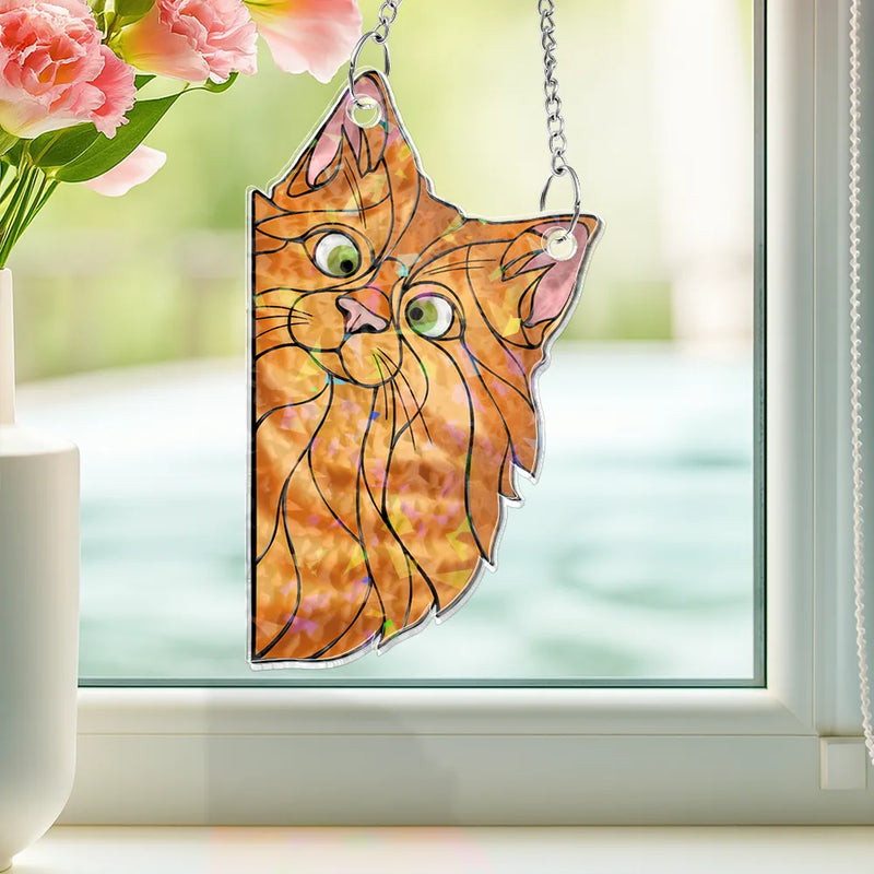 Funny,Cat Lovers,Pet Lovers - Funny Peeking Cat - Personalized Window Corner Suncatcher