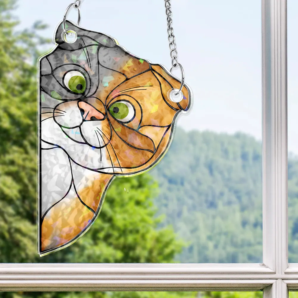 Funny,Cat Lovers,Pet Lovers - Funny Peeking Cat - Personalized Window Corner Suncatcher