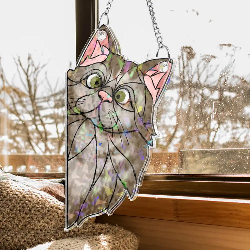 Funny,Cat Lovers,Pet Lovers - Funny Peeking Cat - Personalized Window Corner Suncatcher