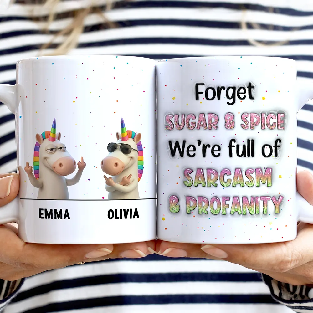 Gift For Bestie, Funny - Funny Bestie Unicorn We're Full Of Sarcasm & Profanity - Personalized White Edge-to-Edge Mug 