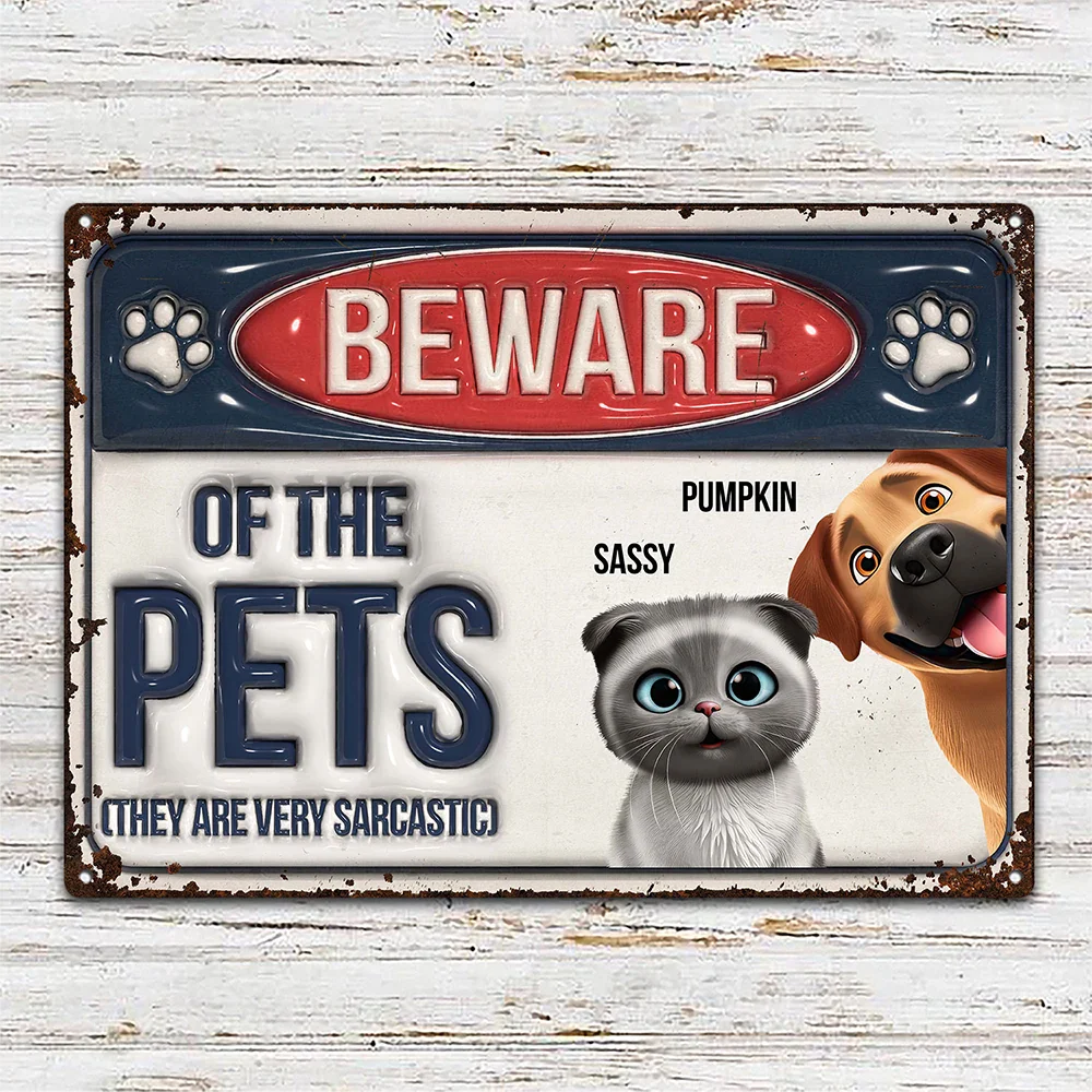 Pet Lovers,Pet Mom,Pet Dad,Funny - Funny Beware Of Dog Cat Friendly 3D Cartoon Pet - Personalized Classic Metal Signs