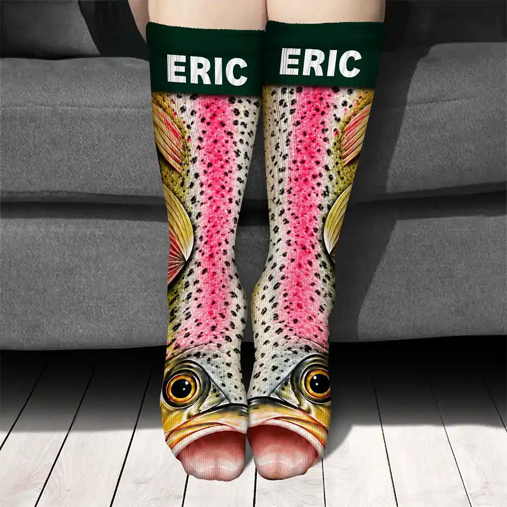 Fishing,Gift For Men,Gift For Yourself,Gifts For Him,Humorous,Icon - Funny Gag Gift For Fisherman Husband Son - Personalized Fish Illusion Socks