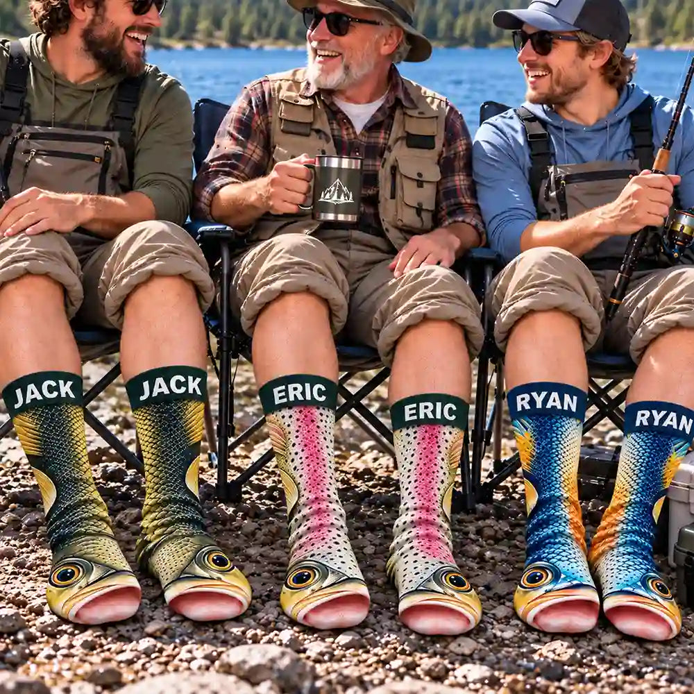 Fishing,Gift For Men,Gift For Yourself,Gifts For Him,Humorous,Icon - Funny Gag Gift For Fisherman Husband Son - Personalized Fish Illusion Socks