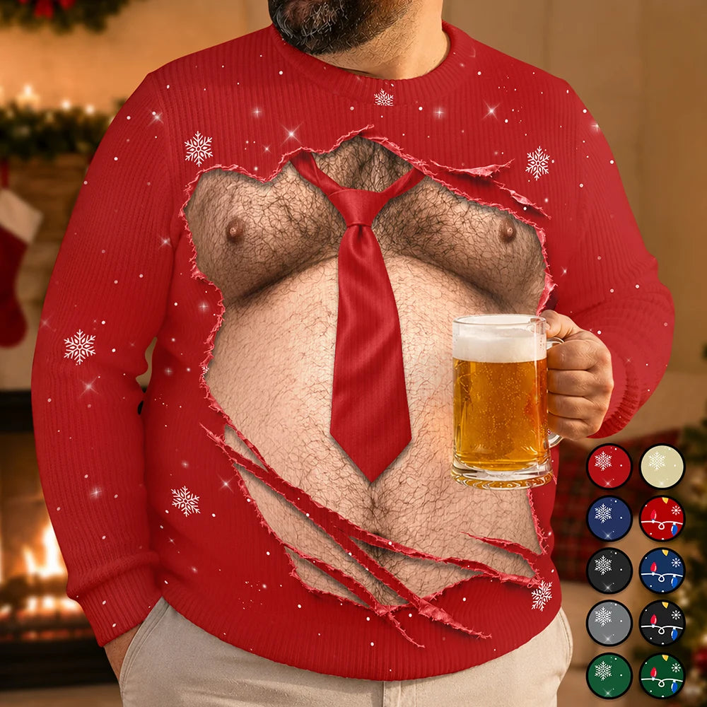 Christmas,Gift For Men,Gift For Yourself,Gifts For Him,Humorous,Icon - Christmas Gift For Husband Dad Grandpa - Personalized Funny Hairy Belly Abs Body Unisex Ugly Sweater