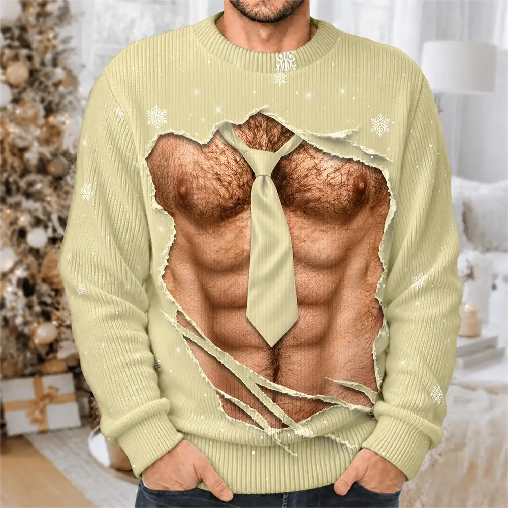 Christmas,Gift For Men,Gift For Yourself,Gifts For Him,Humorous,Icon - Christmas Gift For Husband Dad Grandpa - Personalized Funny Hairy Belly Abs Body Unisex Ugly Sweater