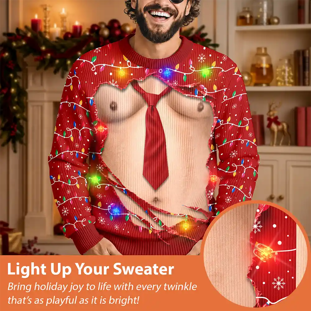 Christmas,Gift For Men,Gift For Yourself,Gifts For Him,Humorous,Icon - Christmas Gift For Husband Dad Grandpa - Personalized Funny Hairy Belly Abs Body Unisex Ugly Sweater