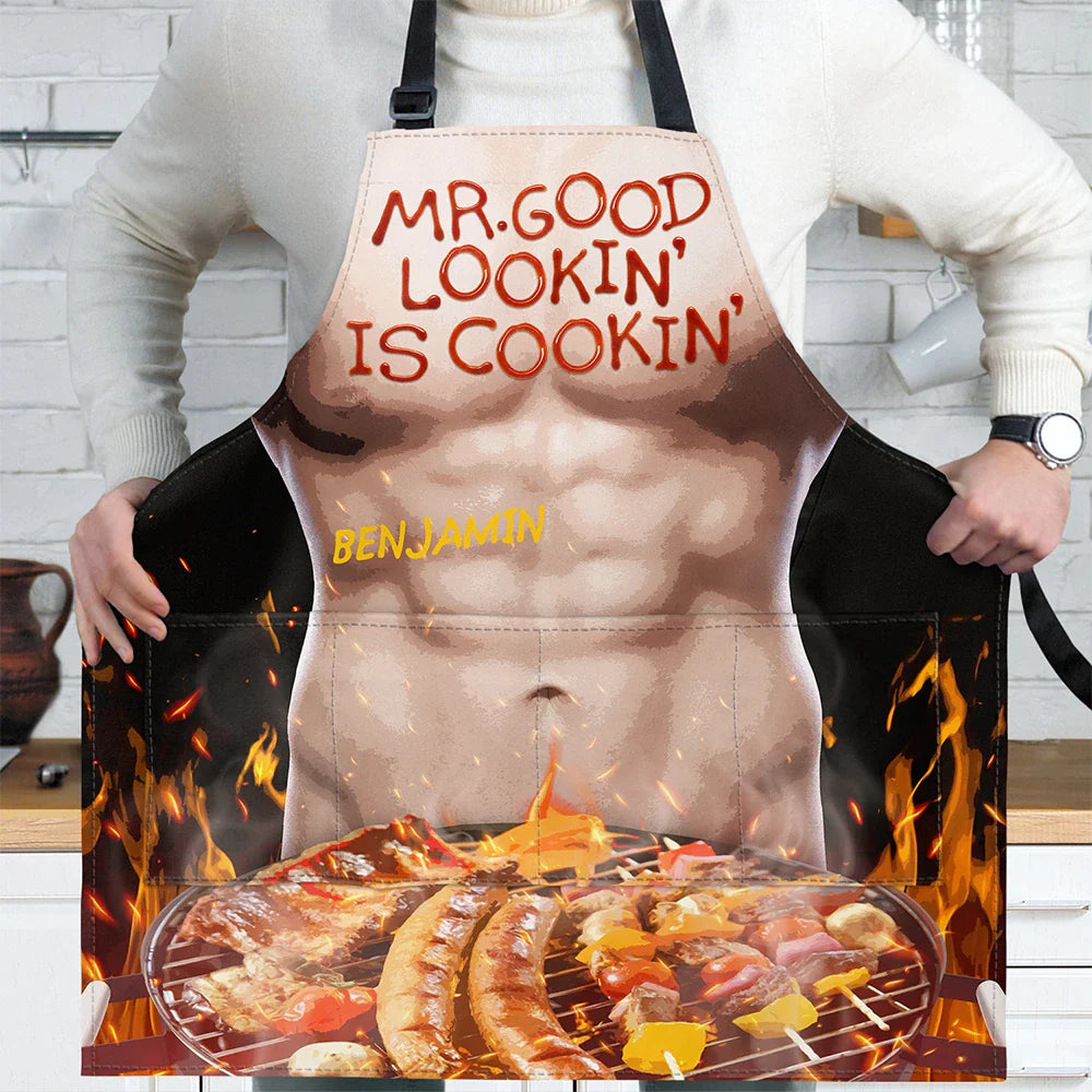 Gift For Father,Gift For Grandpa,Grilling,Funny - Funny Hot Muscle Man Mr. Good Looking Is Cooking Grilling - Personalized Apron