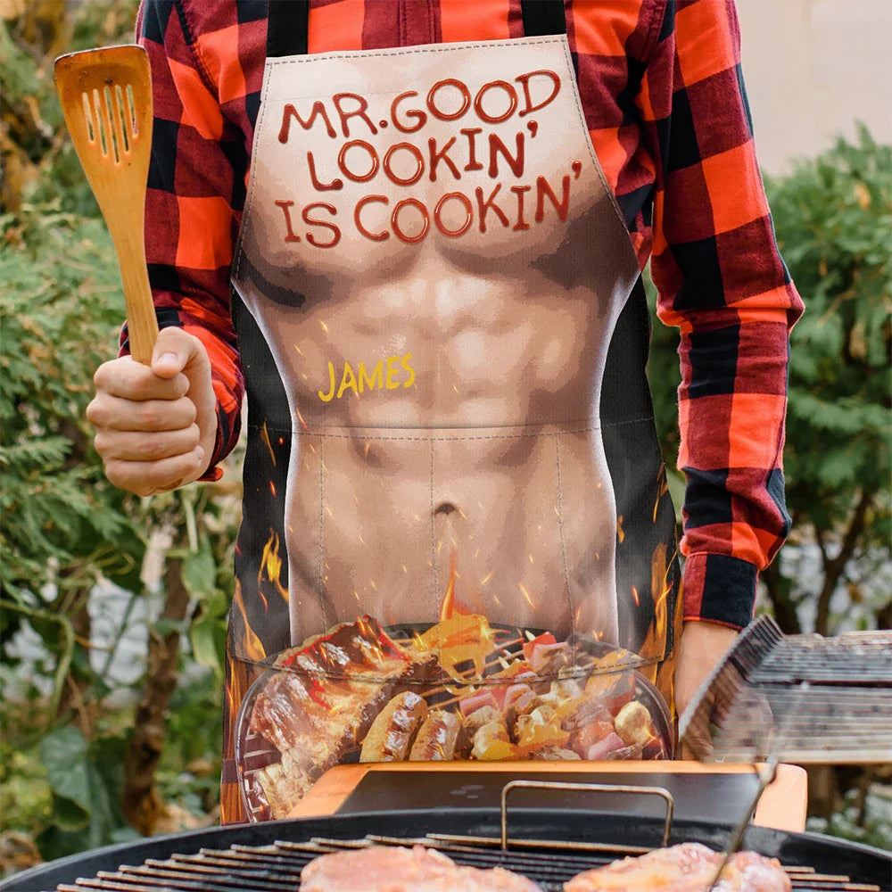 Gift For Father,Gift For Grandpa,Grilling,Funny - Funny Hot Muscle Man Mr. Good Looking Is Cooking Grilling - Personalized Apron