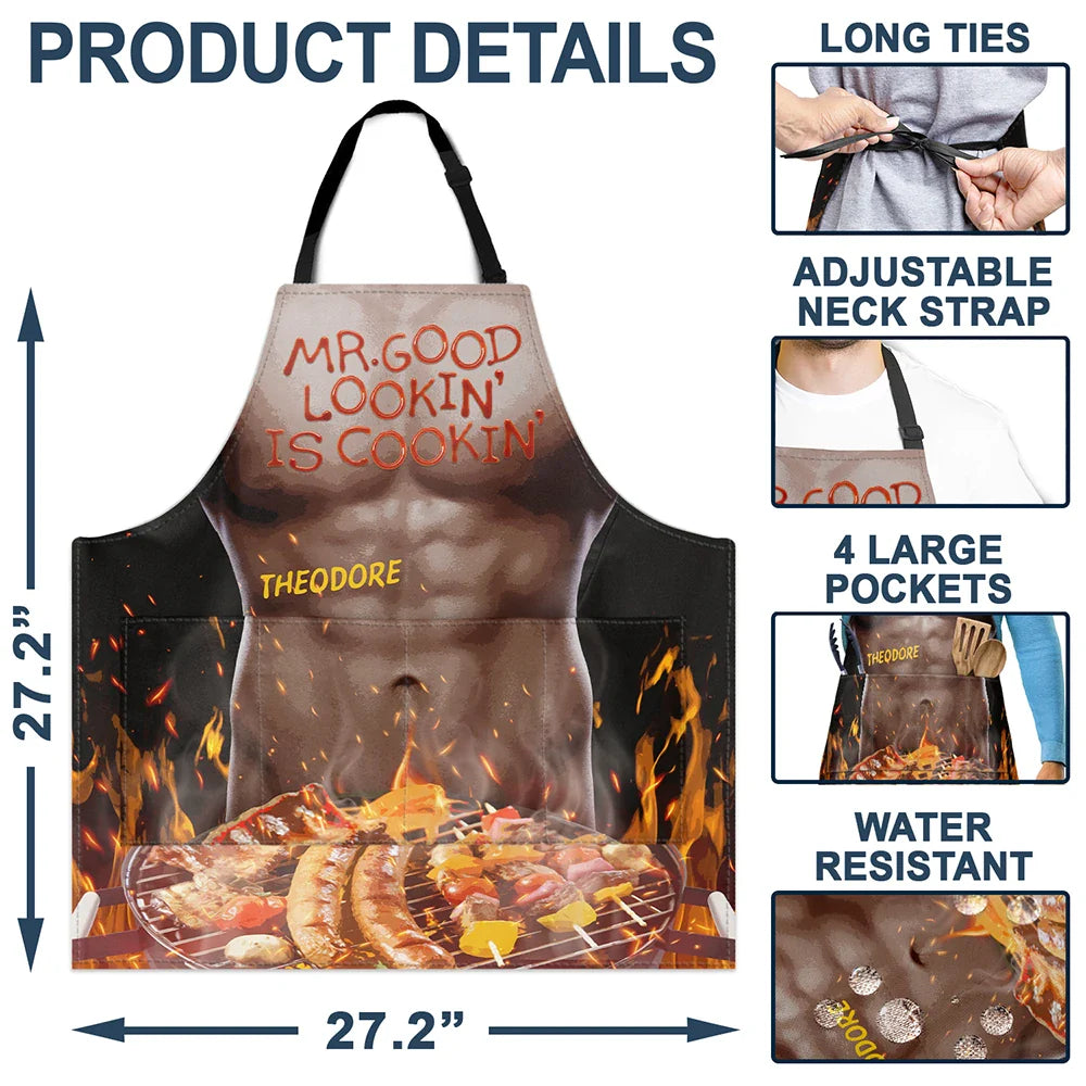 Gift For Father,Gift For Grandpa,Grilling,Funny - Funny Hot Muscle Man Mr. Good Looking Is Cooking Grilling - Personalized Apron