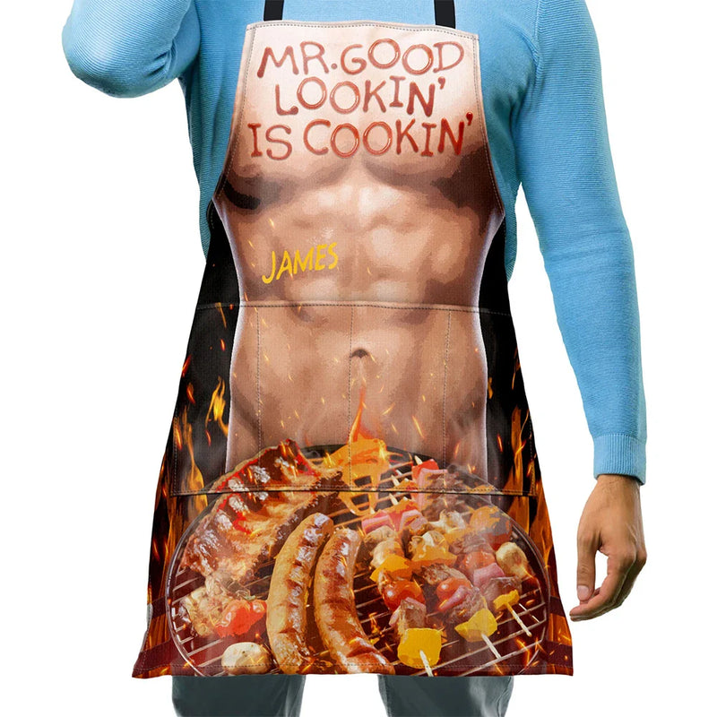 Gift For Father,Gift For Grandpa,Grilling,Funny - Funny Hot Muscle Man Mr. Good Looking Is Cooking Grilling - Personalized Apron