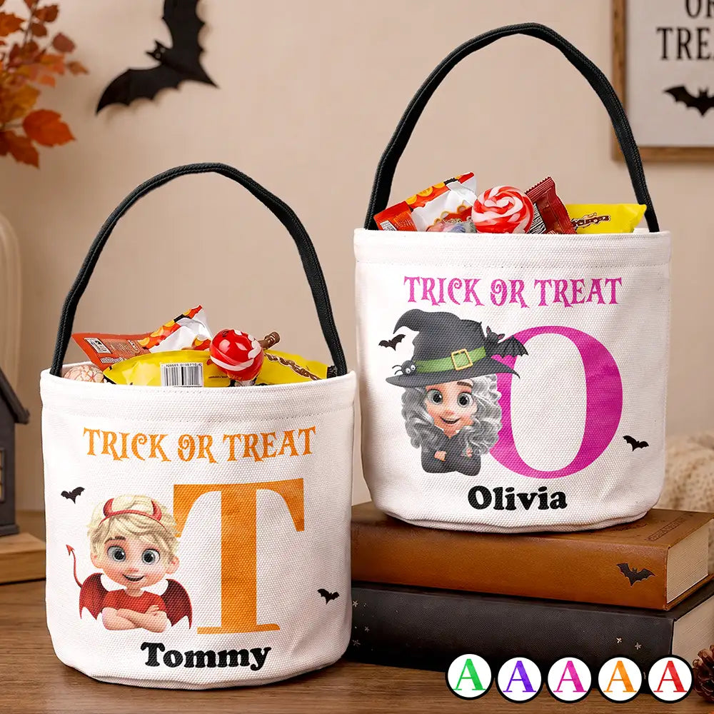 Funny Kid Costume Portrait With Name - Personalized Trick Or Treat Bag