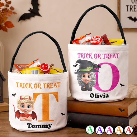 Funny Kid Costume Portrait With Name - Personalized Trick Or Treat Bag