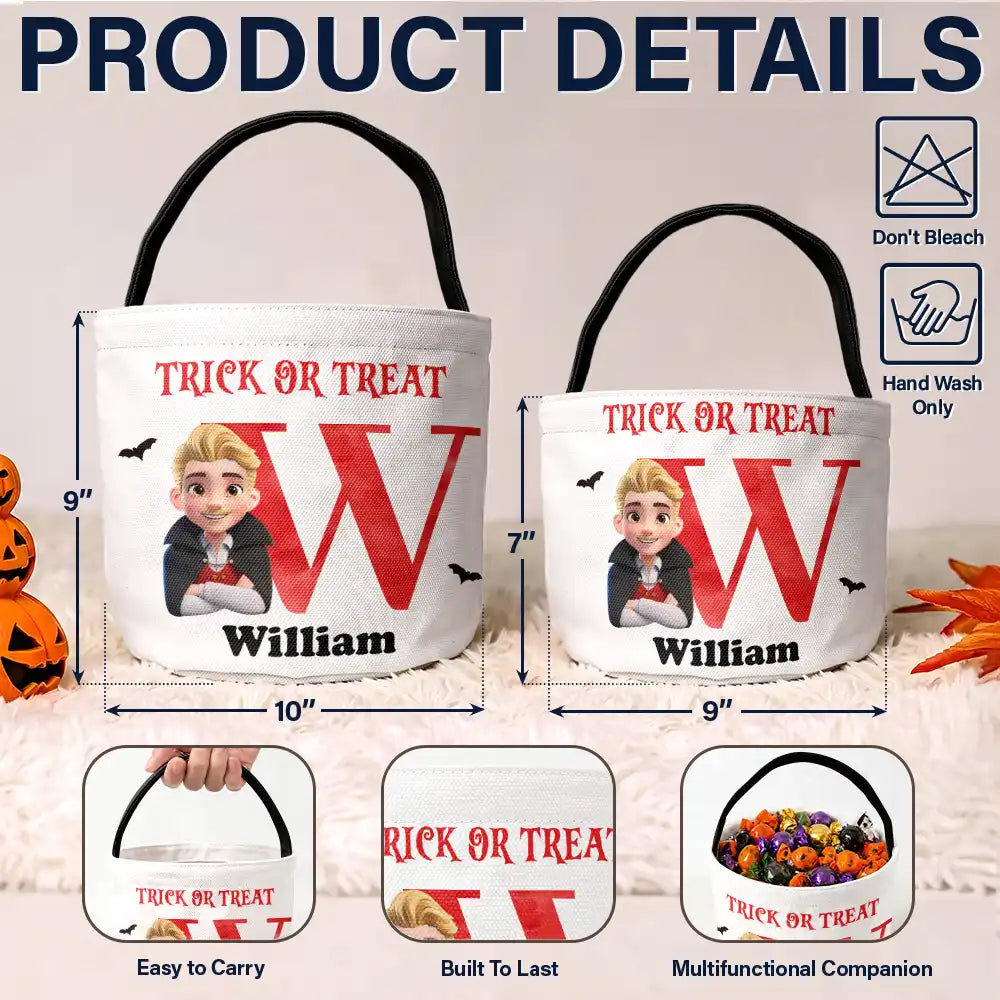 Adorable,Halloween,Gift For Kids,Vector - Funny Kid Costume Portrait With Name - Personalized Trick Or Treat Bag