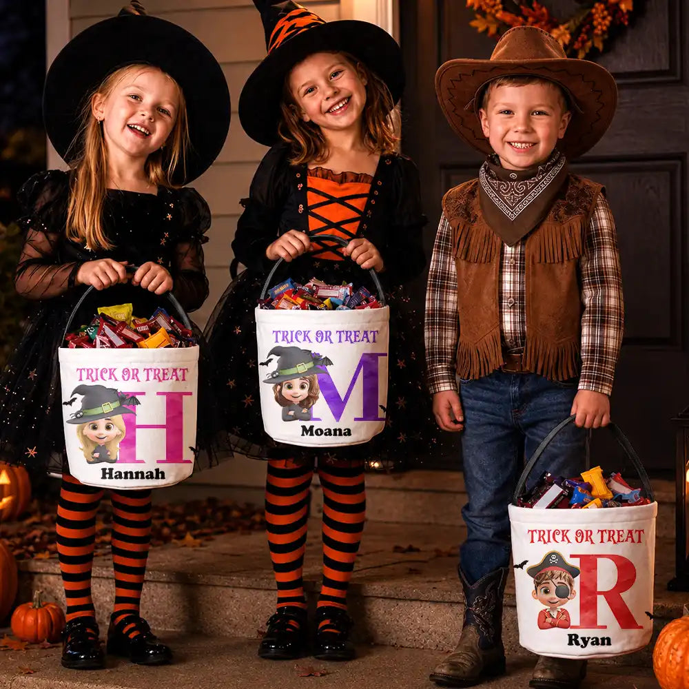 Adorable,Halloween,Gift For Kids,Vector - Funny Kid Costume Portrait With Name - Personalized Trick Or Treat Bag