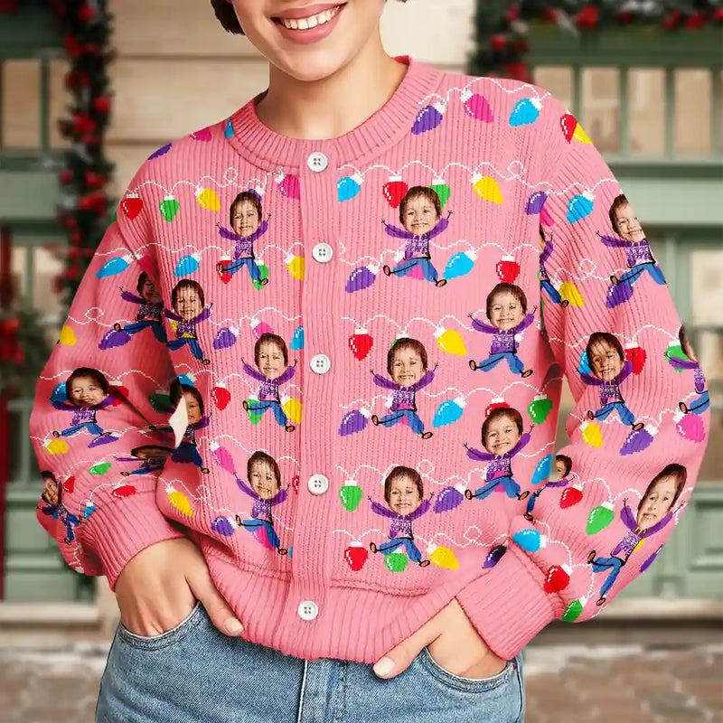 Gift For Mother,Gift For Grandma,Custom Photo,Funny - Custom Photo Funny Kids Christmas Light - Personalized Cardigan