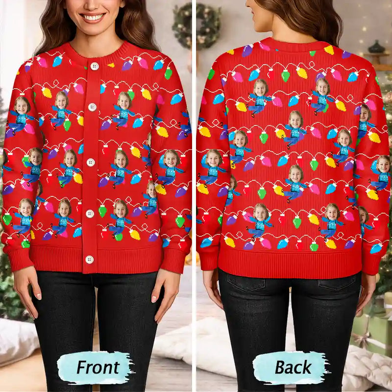 Gift For Mother,Gift For Grandma,Custom Photo,Funny - Custom Photo Funny Kids Christmas Light - Personalized Cardigan