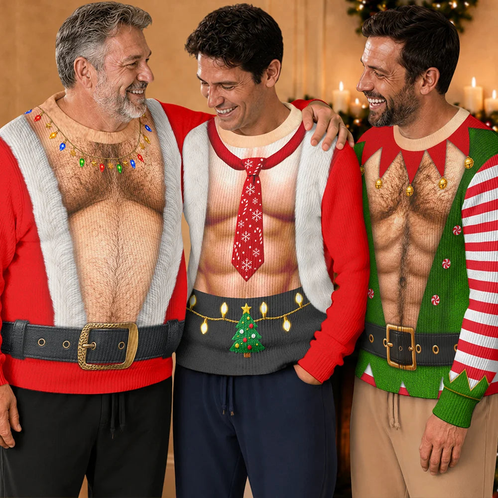 Funny Santa Abs Belly Body For Husband Dad Grandpa - Personalized Unisex Ugly Sweater
