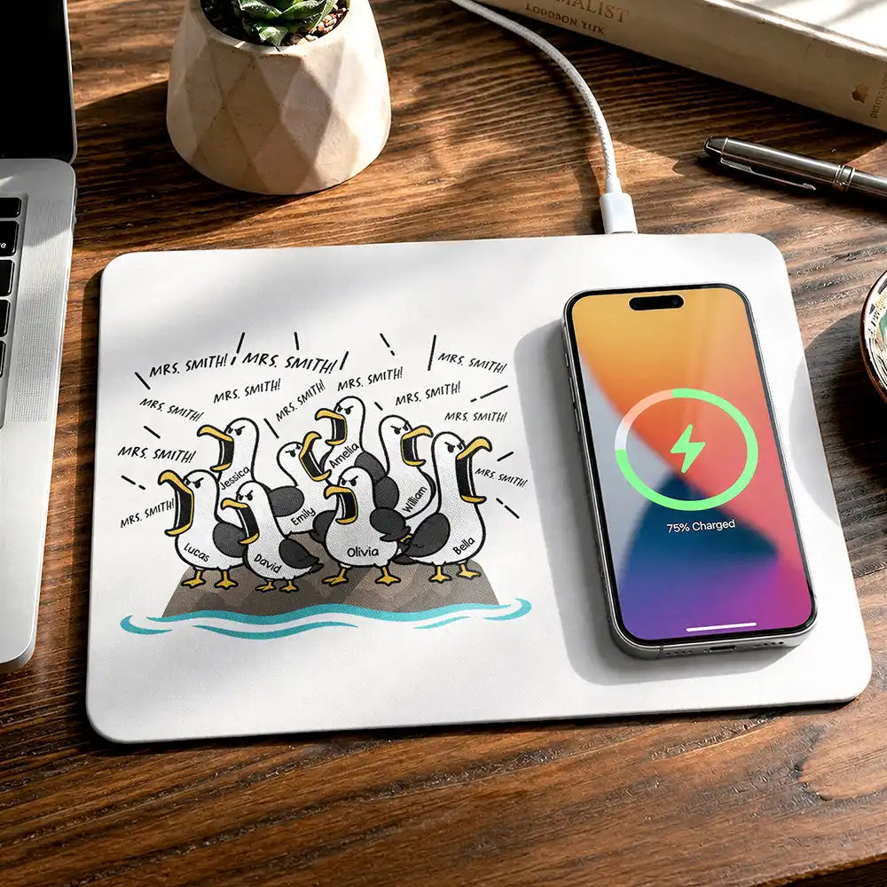 Gift For Grandpa,Gift For Father,Dad - Children,Grandpa - Grandkids,Mom - Children,Gift For Mother,Teacher,Non-Eng,Icon,Humorous - Funny Screaming Seagull - Personalized Leather Charging Mat