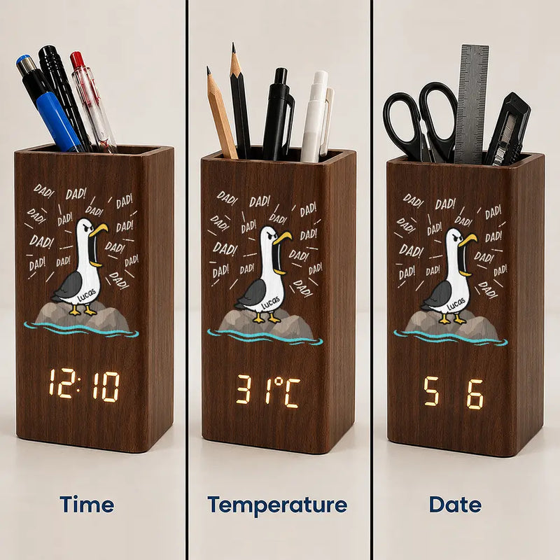 Teacher, Humorous, Back To School, Icon - Funny Screaming Seagull - Personalized Pen Holder With Clock