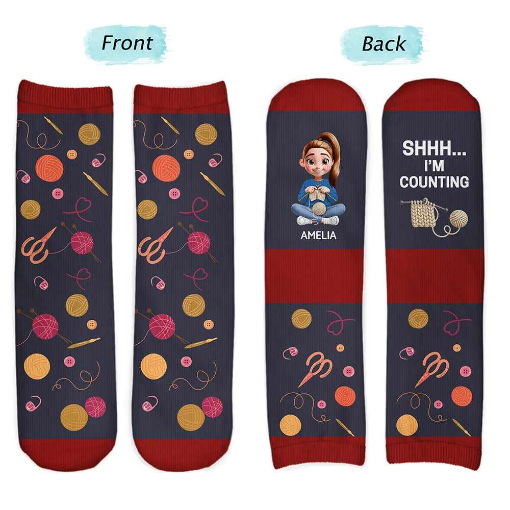 Crocheting,Cozy,Gift For Yourself,Gift For Women,Vector - Funny Shhh I'm Counting For Crochet Knitting Lovers - Personalized Socks
