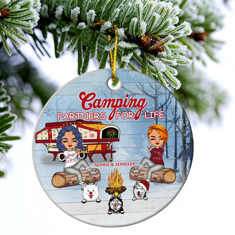 Christmas Camping Pet Lovers Couple Happy Campers - Personalized Custom Circle Ceramic Ornament
