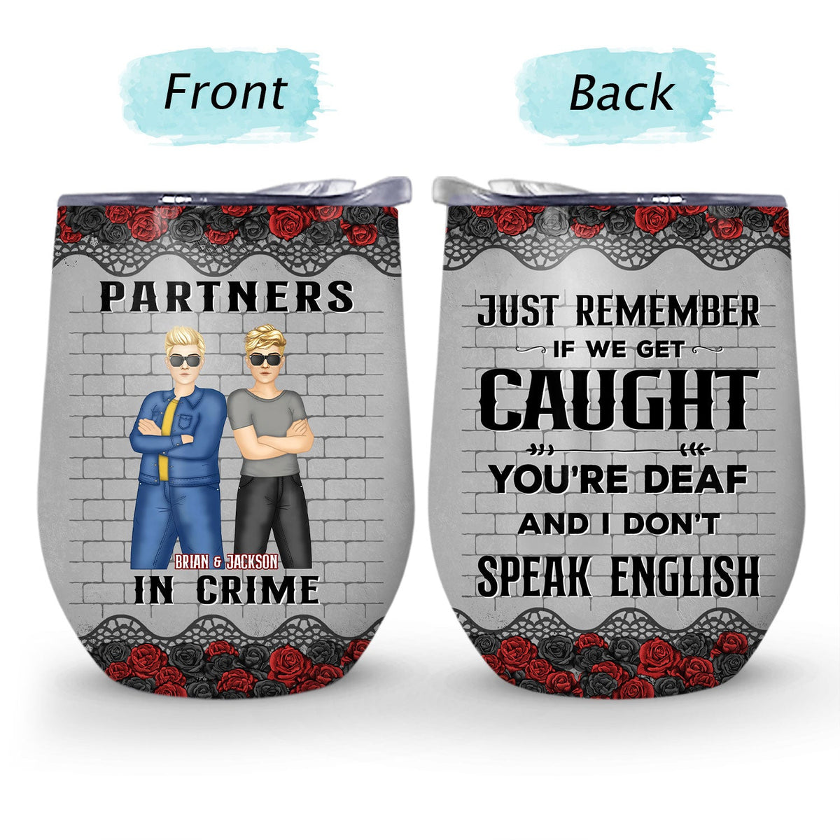 Partenaires de crime si on se fait prendre (version noire) - Cadeau pour les meilleurs amis - Verre à vin personnalisé