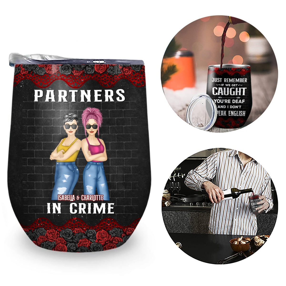 Partenaires de crime si on se fait prendre (version noire) - Cadeau pour les meilleurs amis - Verre à vin personnalisé