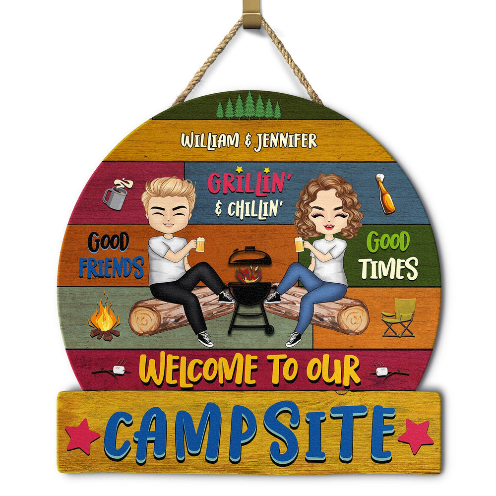 Couple de camping - Bienvenue sur notre camping - Cadeau pour couple de camping - Panneau en bois personnalisé en forme de cœur