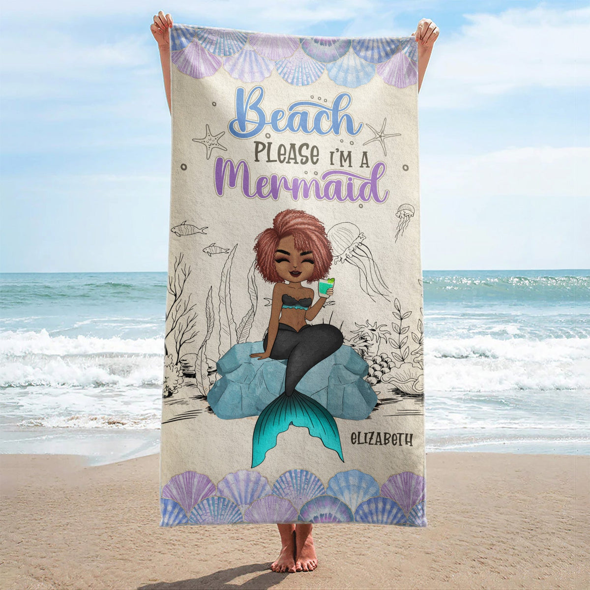 Serviette de plage personnalisée « Mermaid Beach Please I'm A Mermaid » - Cadeau pour femmes et amoureux de la plage