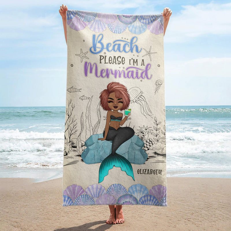 Serviette de plage personnalisée « Mermaid Beach Please I'm A Mermaid » - Cadeau pour femmes et amoureux de la plage