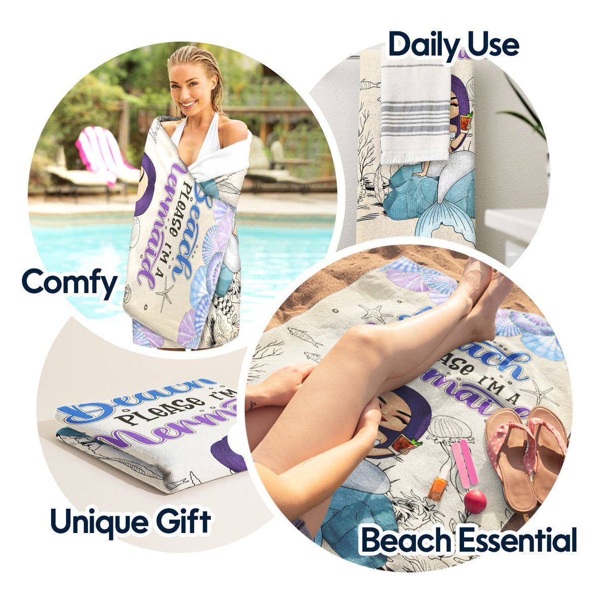 Serviette de plage personnalisée « Mermaid Beach Please I'm A Mermaid » - Cadeau pour femmes et amoureux de la plage