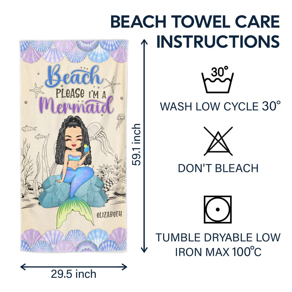 Serviette de plage personnalisée « Mermaid Beach Please I'm A Mermaid » - Cadeau pour femmes et amoureux de la plage