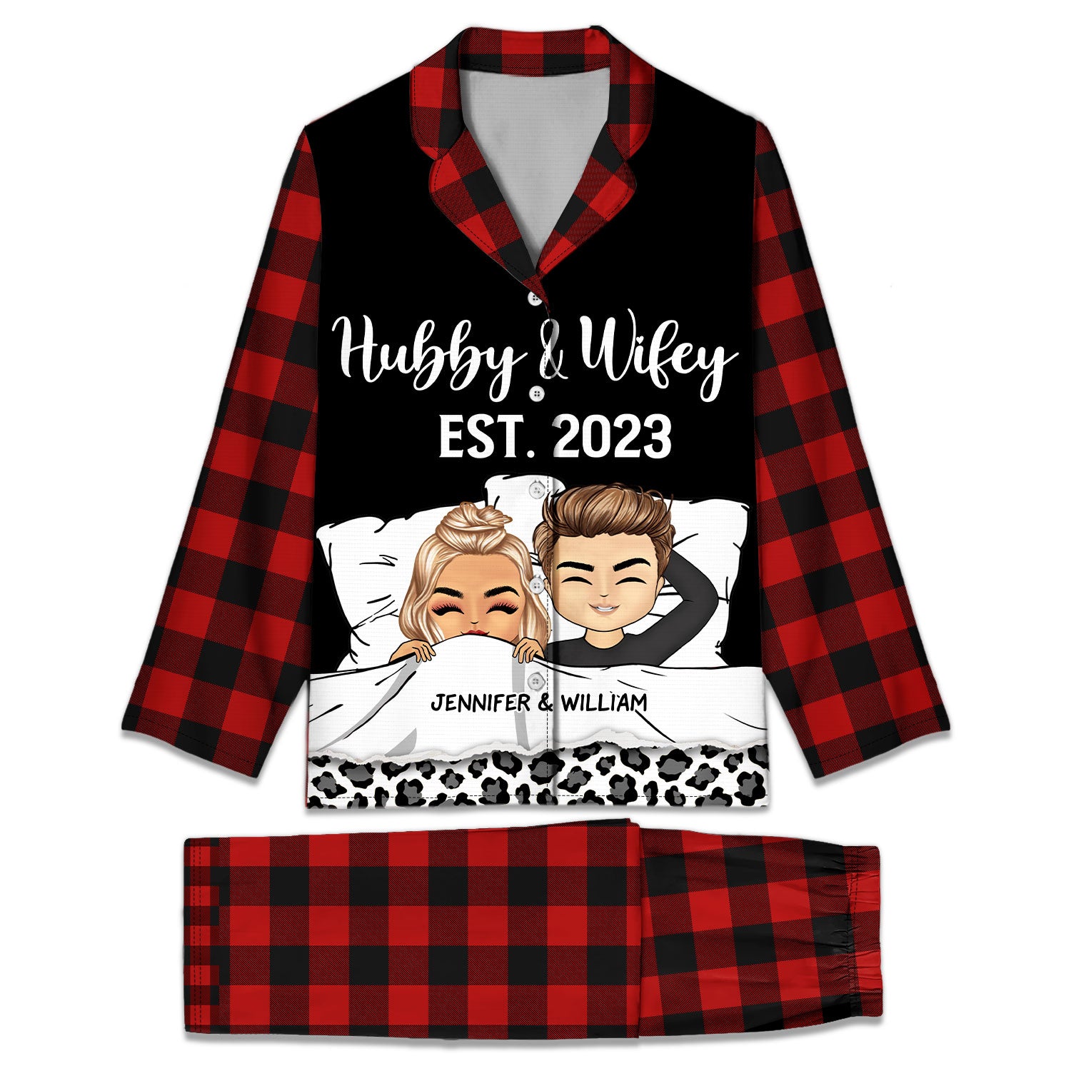 Couple Hubby & Wifey Est - Gift For Couples - Personalized Long Pajamas Set