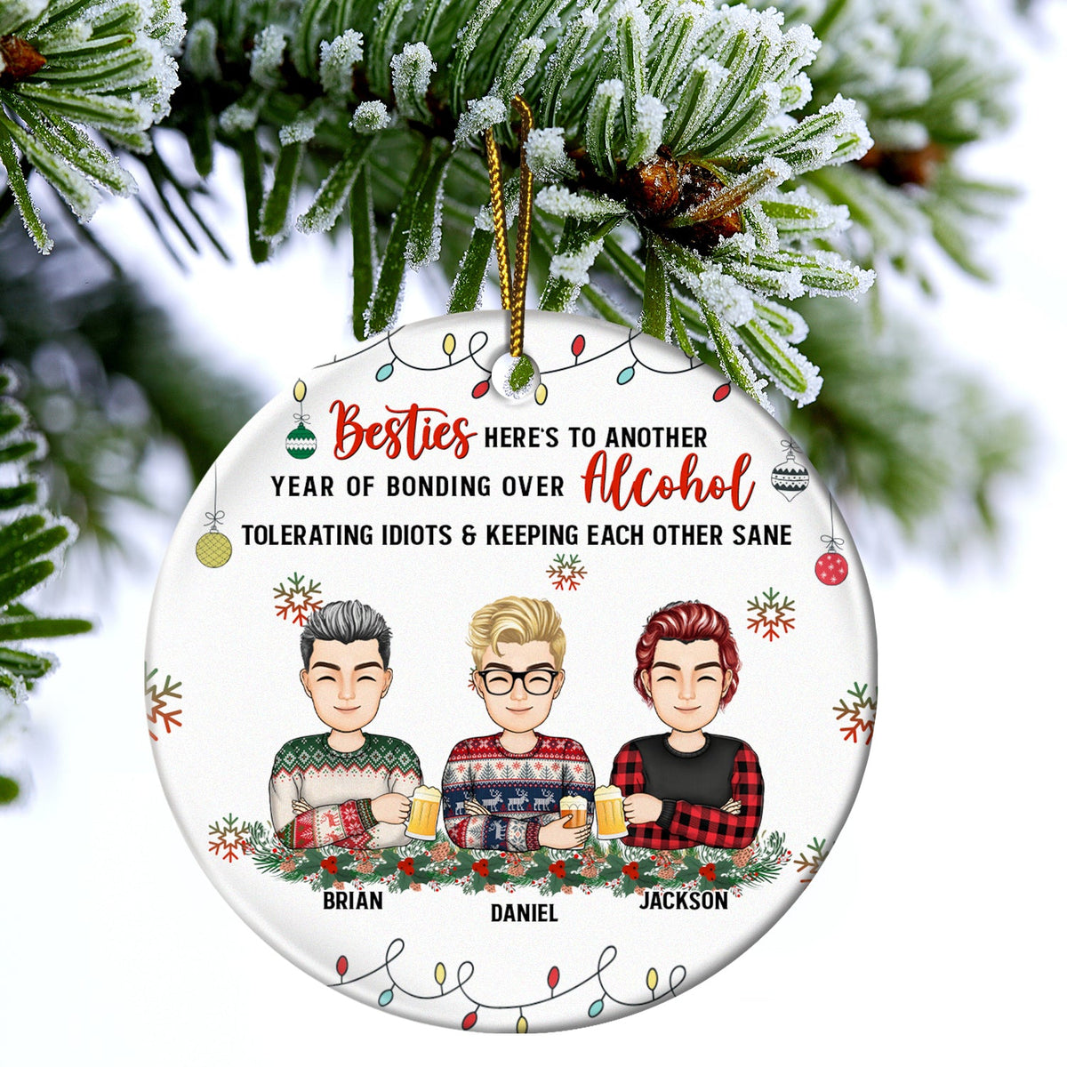 Christmas Bestie Drinking Here's To Another Year - Gift For Besties - Personalized Circle Ceramic Ornament