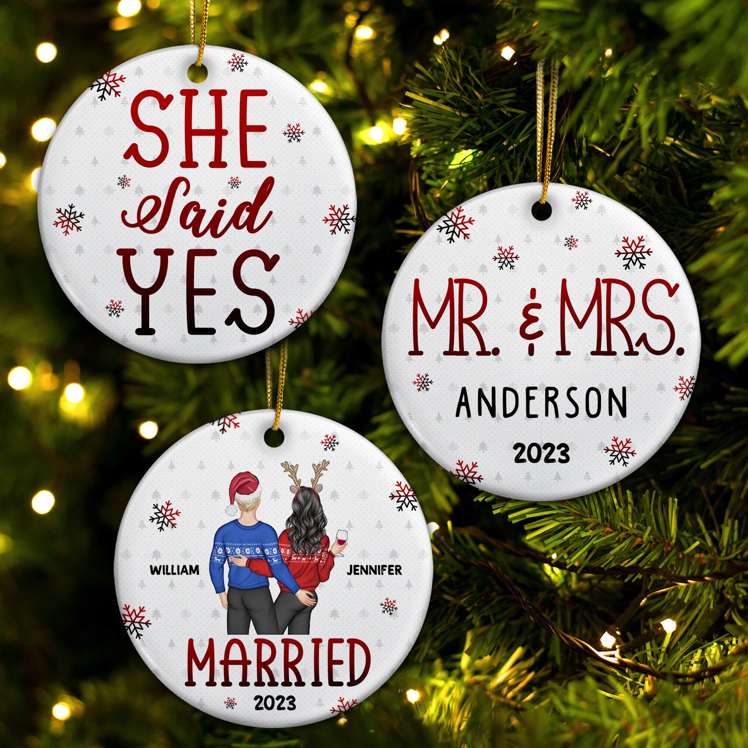 Married Engaged - Gift For Couples - Personalized Combo Circle Ceramic Ornament Set