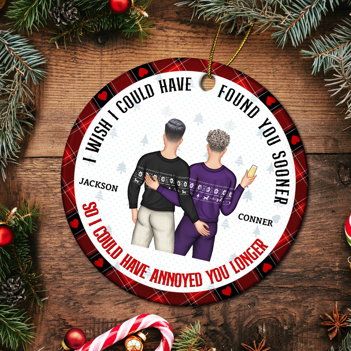 Christmas Couple Back Side Found You Sooner Annoyed You Longer - Gift For Couples - Personalized Circle Ceramic Ornament