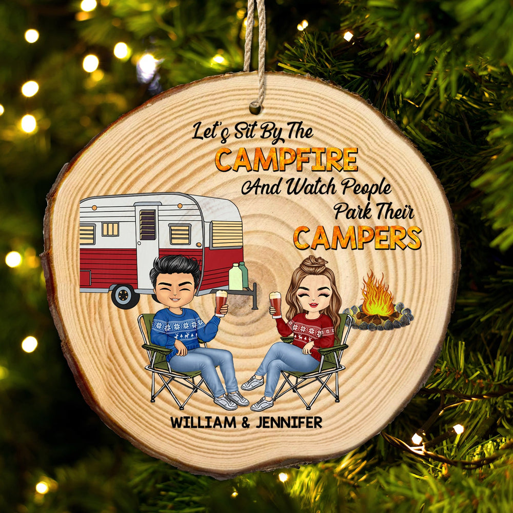 Christmas Camping Couple Sit By The Campfire - Gift For Couples - Personalized Wood Slice Ornament